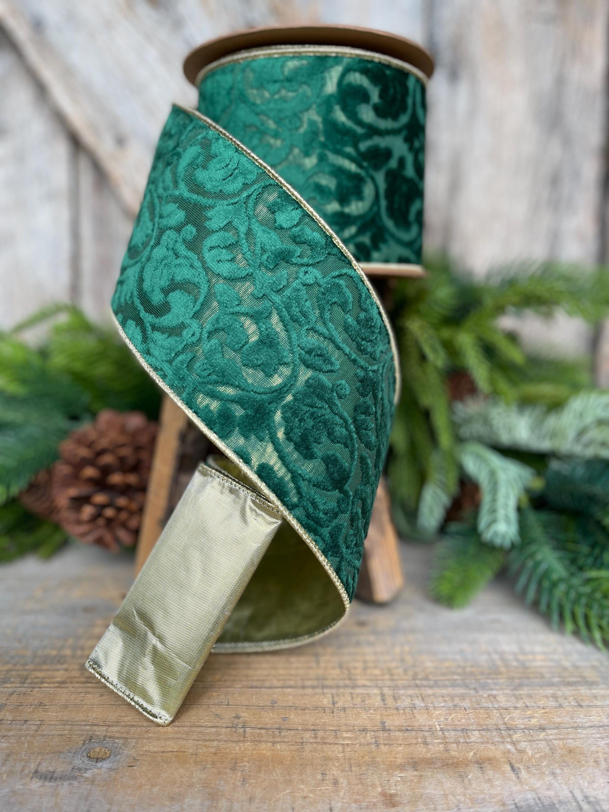 Emerald Green Embossed Velvet Christmas Ribbon: Wired Gold Backing, 4" x 10 Yards