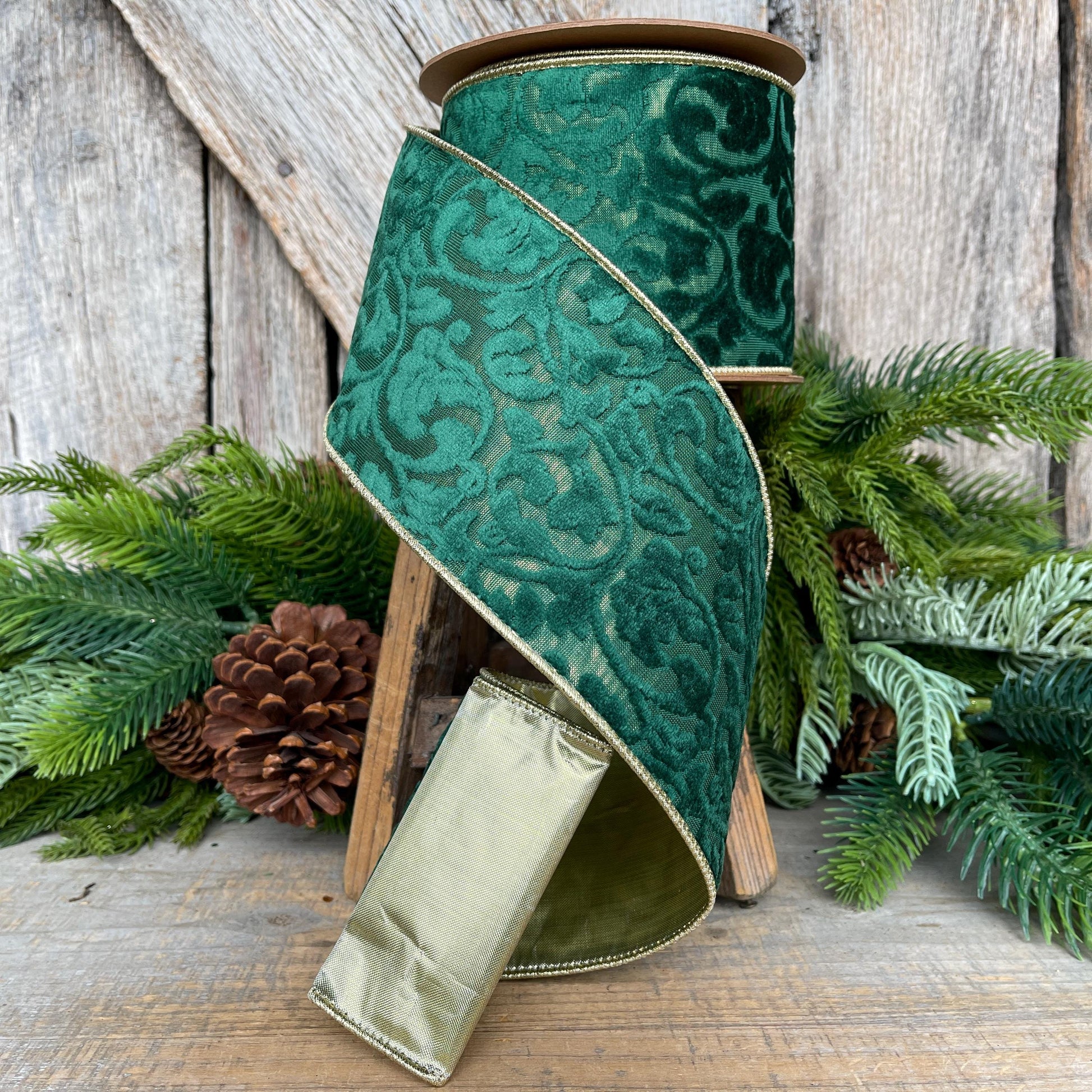 Emerald Green Embossed Velvet Christmas Ribbon: Wired Gold Backing, 4" x 10 Yards