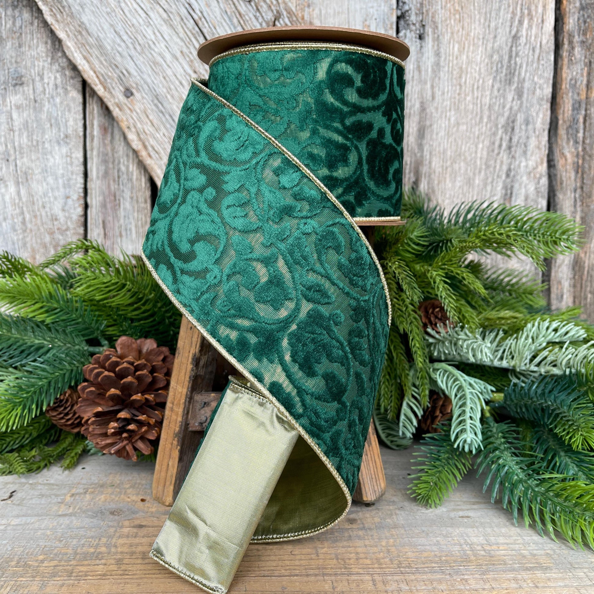 Emerald Green Embossed Velvet Christmas Ribbon: Wired Gold Backing, 4" x 10 Yards