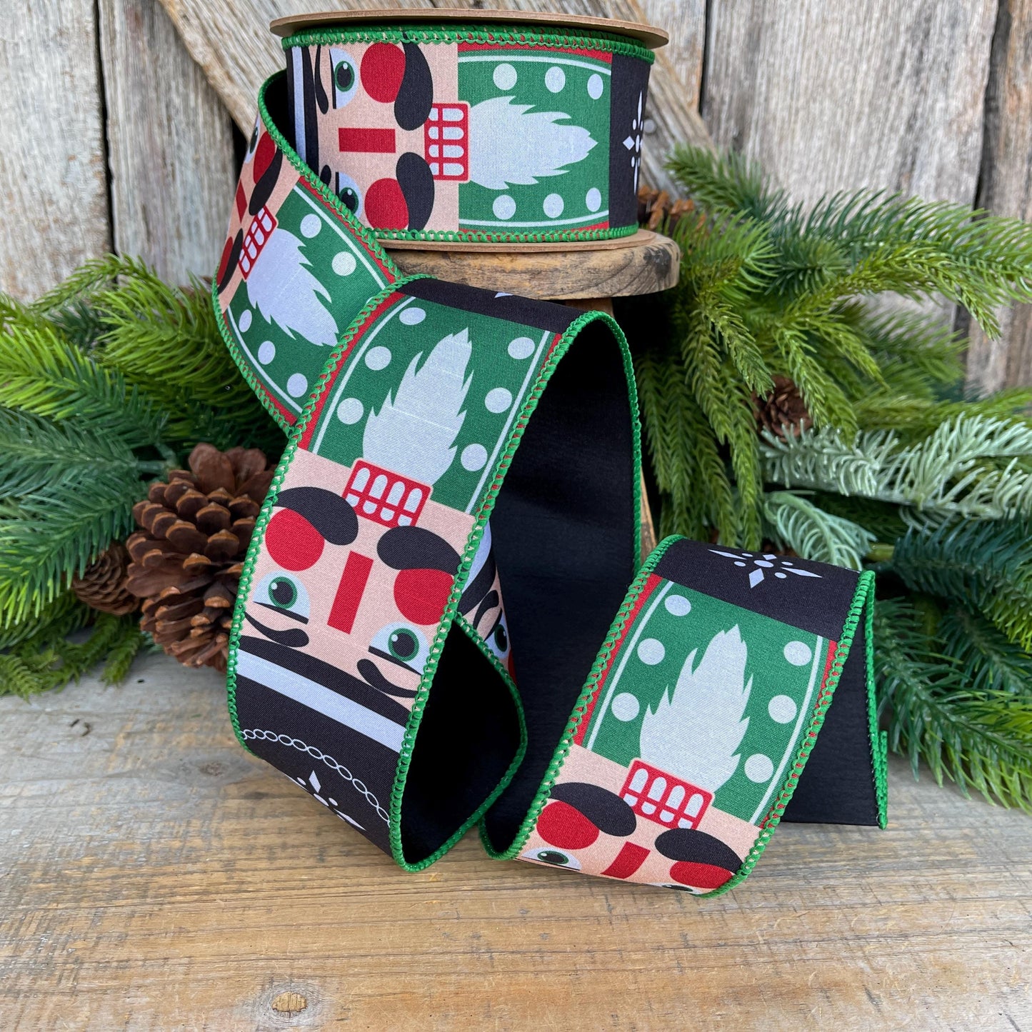 Nutcracker Christmas Ribbon, Green Nutcracker Wired Ribbon