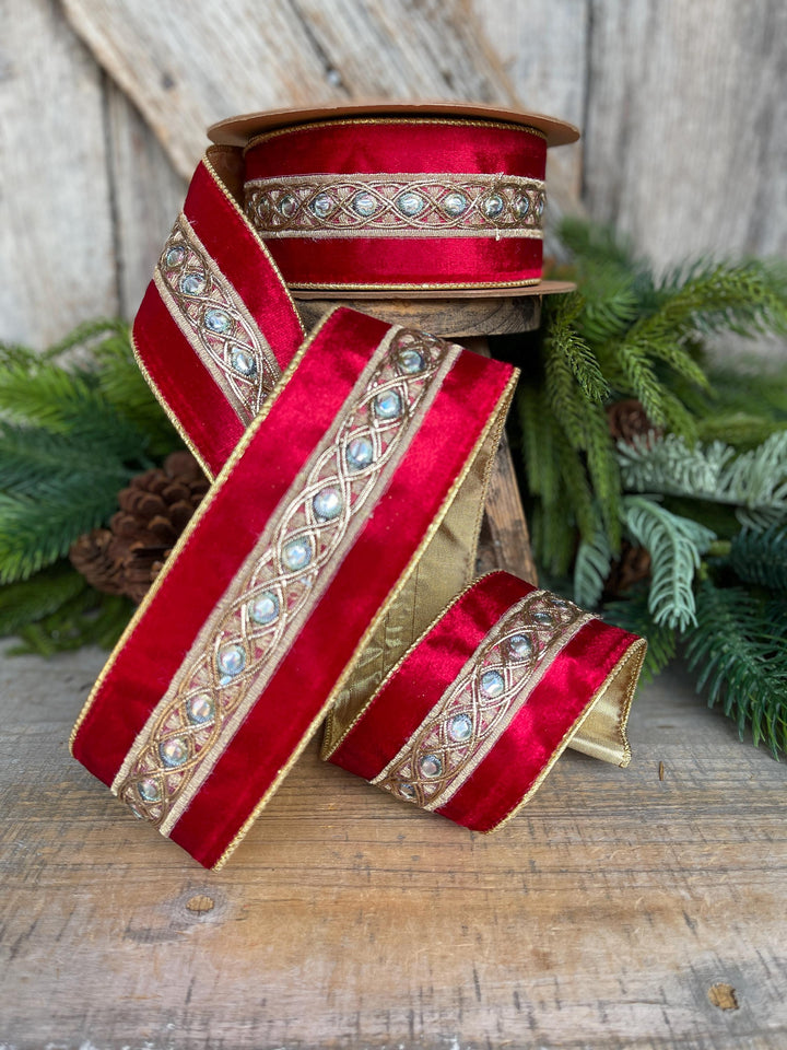 2.5" Red Velvet Jeweled look Ribbon, Red Velvet Ribbon, Christmas Ribbon