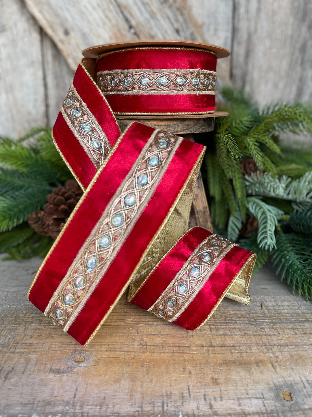 2.5" Red Velvet Jeweled look Ribbon, Red Velvet Ribbon