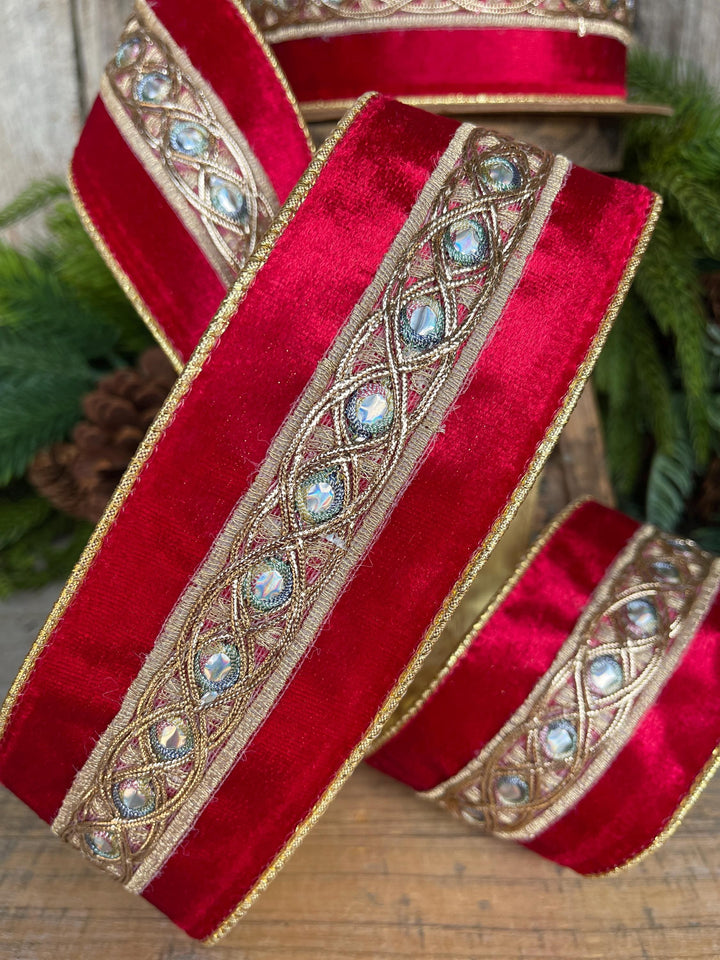 2.5" Red Velvet Jeweled look Ribbon, Red Velvet Ribbon, Christmas Ribbon