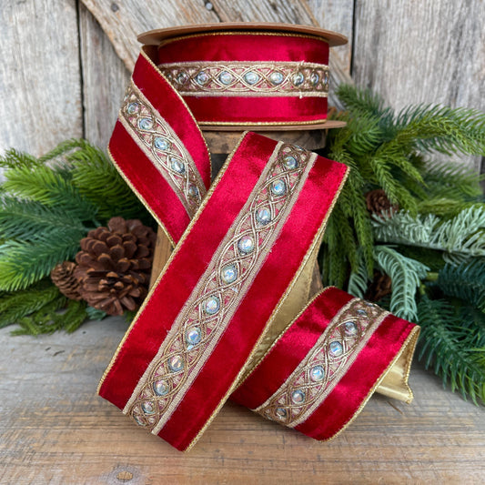 2.5" Red Velvet Jeweled look Ribbon, Red Velvet Ribbon, Christmas Ribbon
