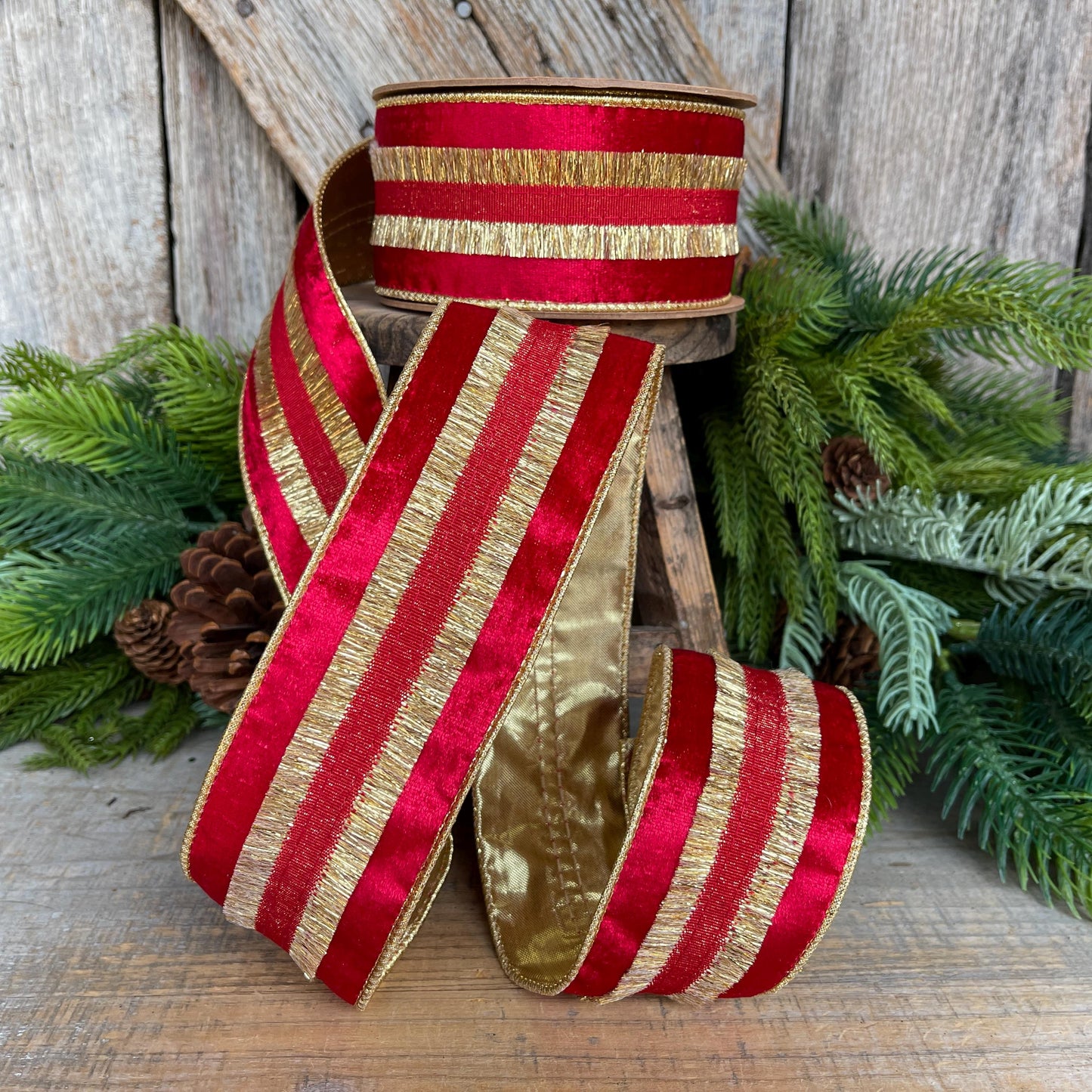 Red & Gold Tassel Wired Christmas Ribbon, Red Velvet Ribbon - 2.5" x 10 Yards
