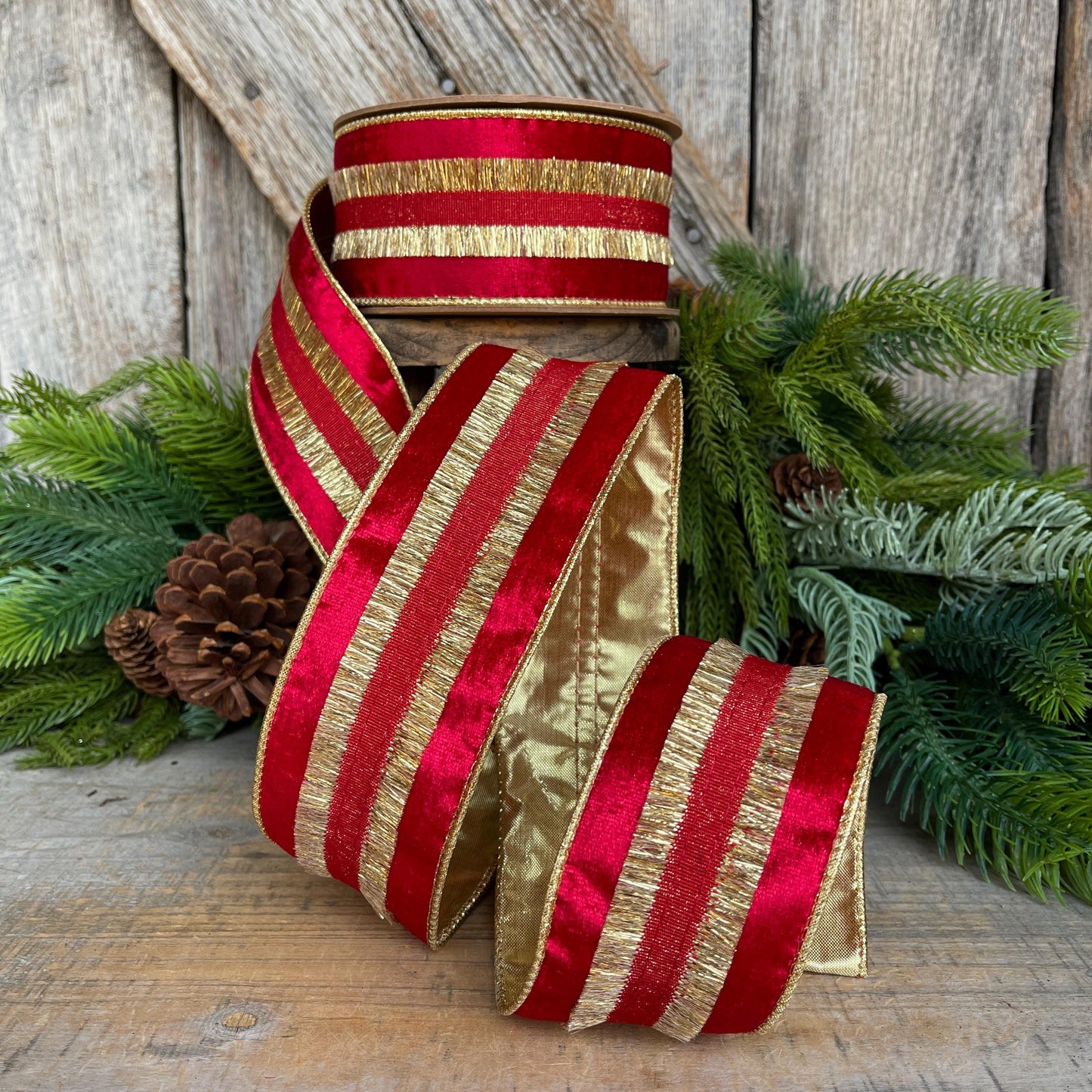 Red & Gold Tassel Wired Christmas Ribbon, Red Velvet Ribbon - 2.5" x 10 Yards