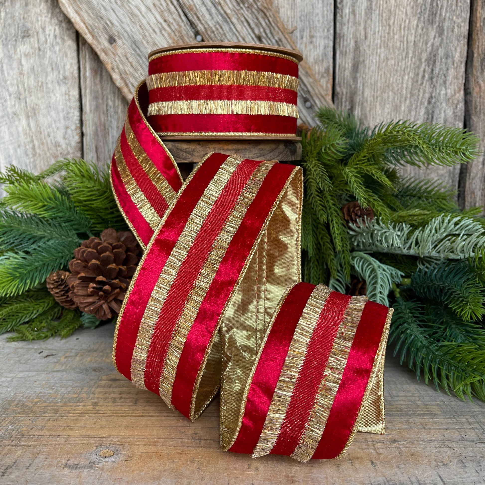 Red & Gold Tassel Wired Christmas Ribbon, Red Velvet Ribbon - 2.5" x 10 Yards