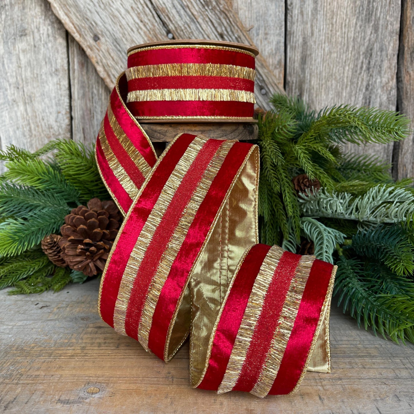 Red & Gold Tassel Wired Christmas Ribbon, Red Velvet Ribbon - 2.5" x 10 Yards