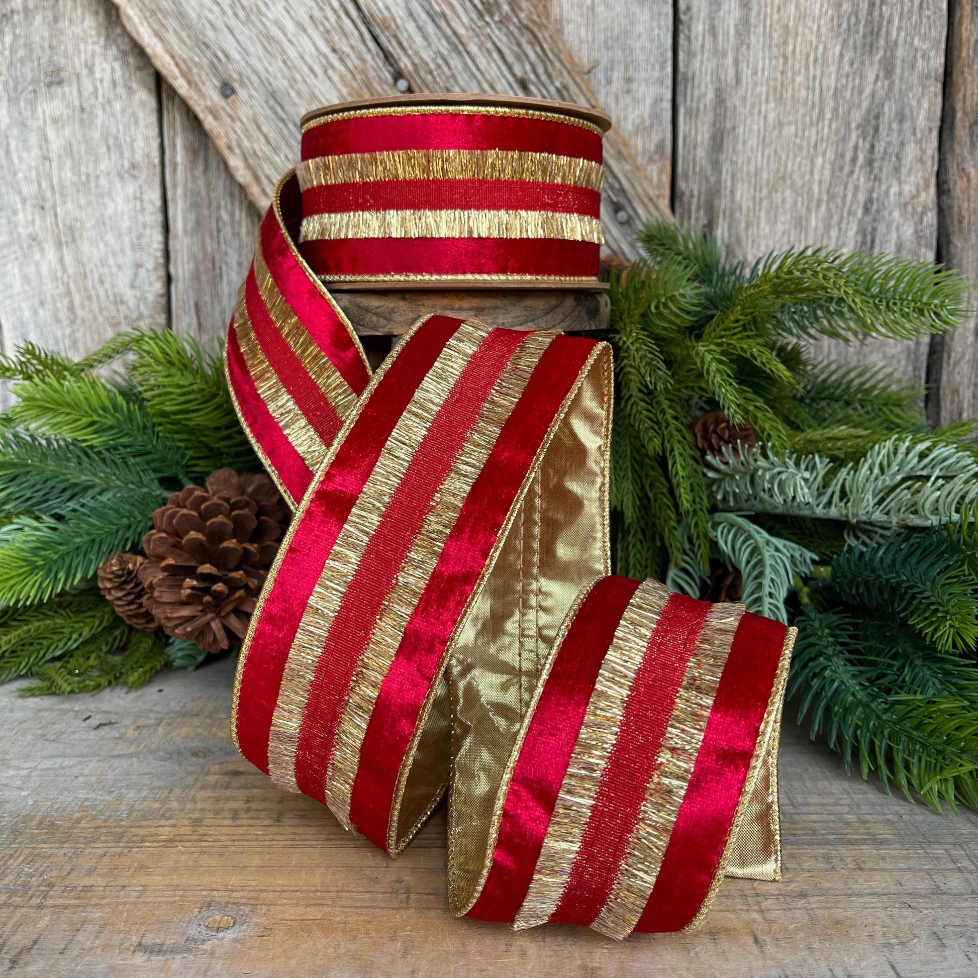 Red & Gold Tassel Wired Christmas Ribbon, Red Velvet Ribbon - 2.5" x 10 Yards