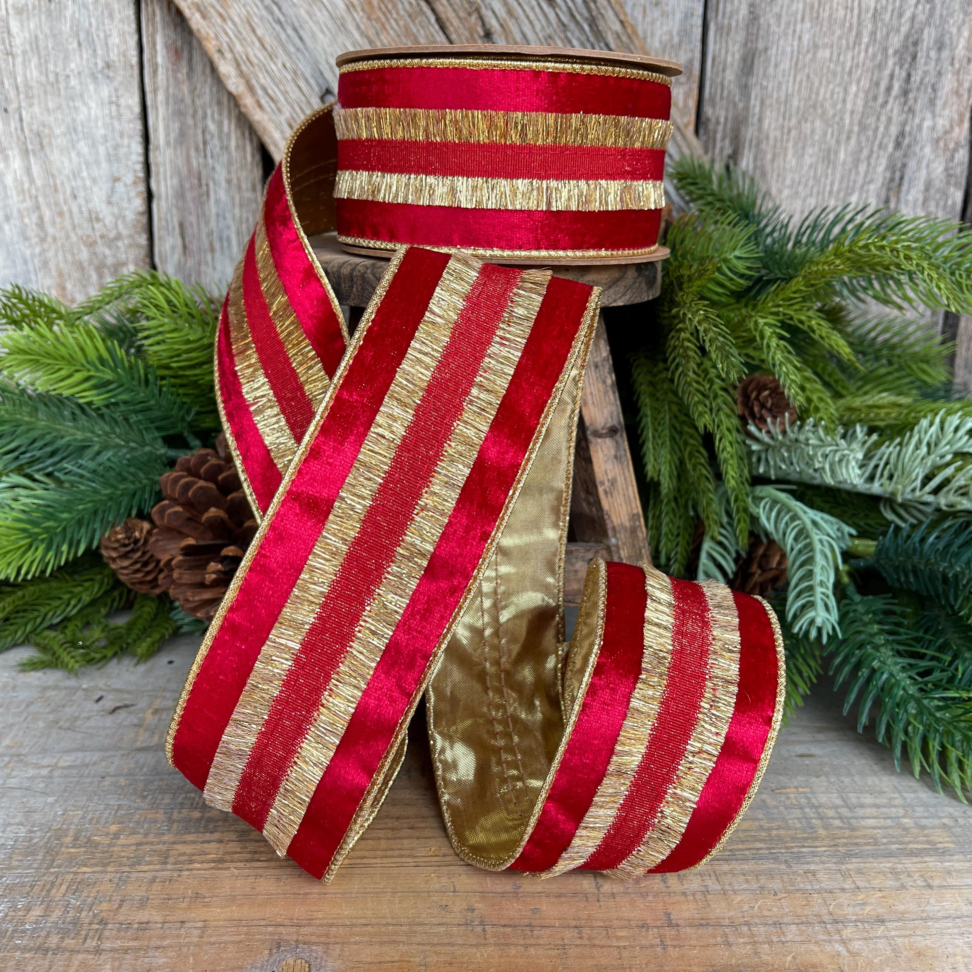 Red & Gold Tassel Wired Christmas Ribbon, Red Velvet Ribbon - 2.5" x 10 Yards