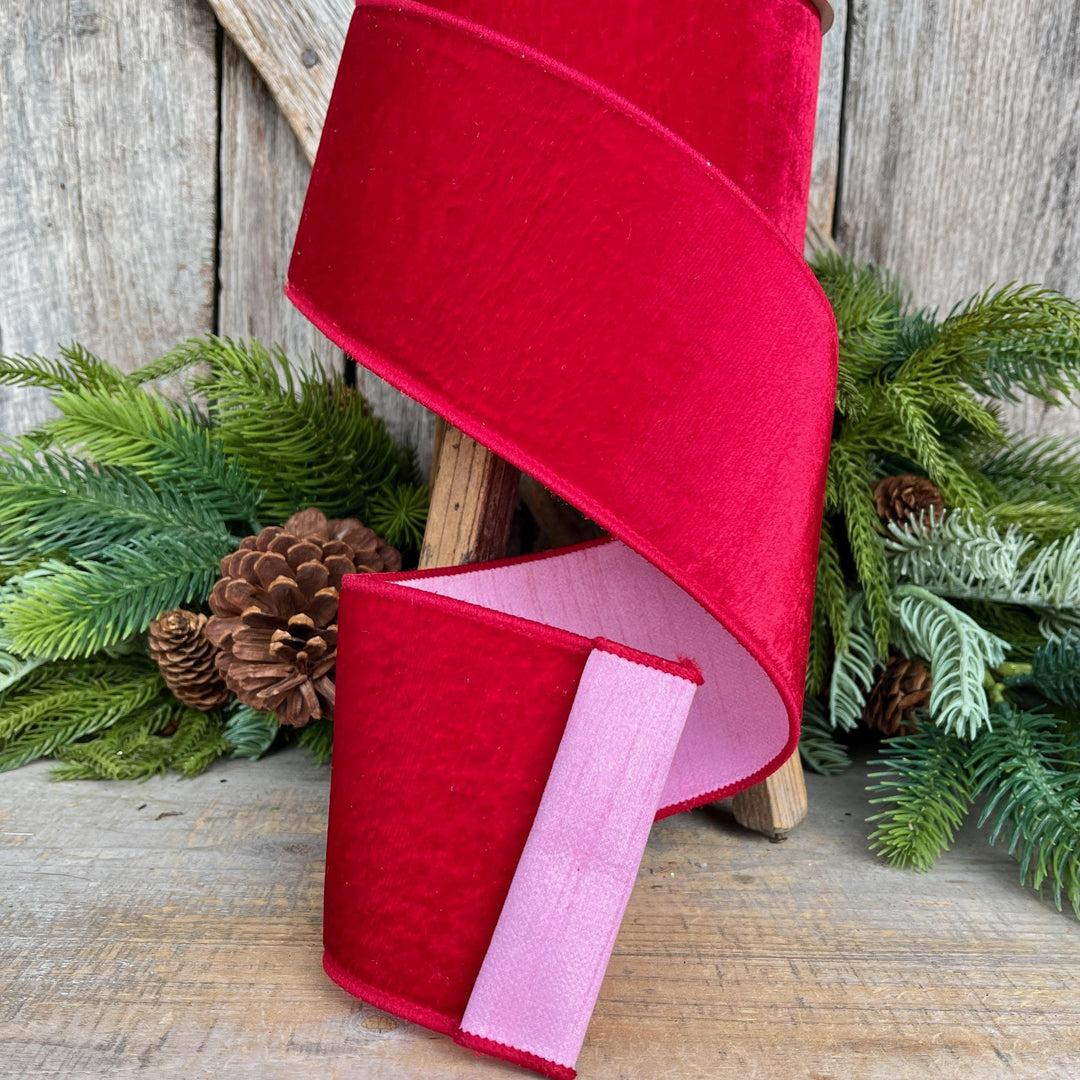 4" Red Pink Velvet Ribbon, Farrisilk Ribbon