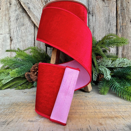 4" Red Pink Velvet Ribbon, Farrisilk Ribbon, Wired Ribbon, Pink Ribbon, Pink Red Ribbon, Designer Ribbon, Christmas, RK742-02