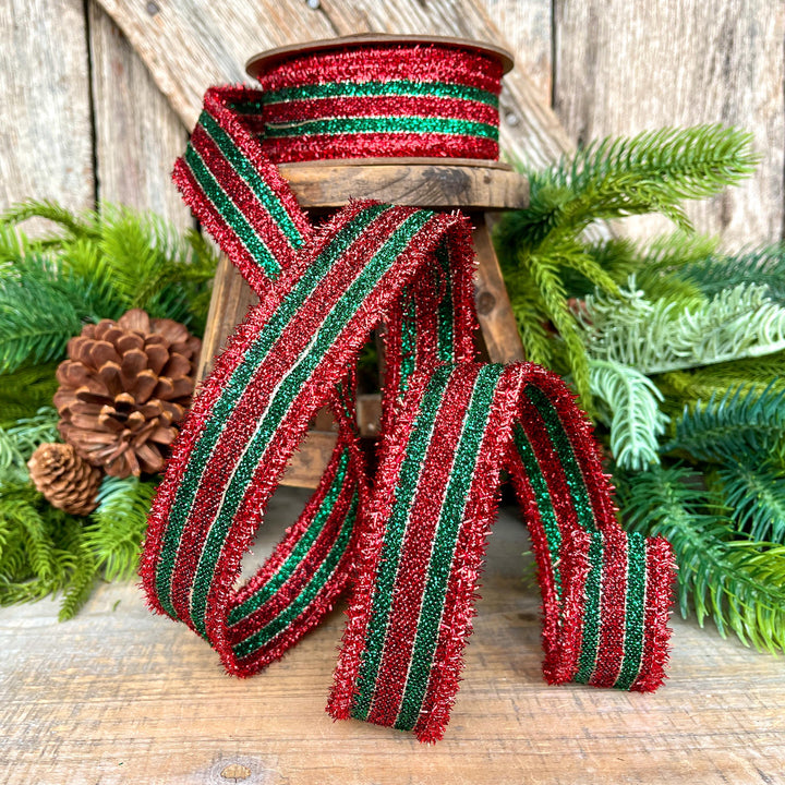 1.5" Red &amp; Green Tinsel Ribbon, Christmas Ribbon, Christmas Tree Ribbon