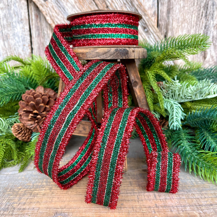 1.5" Red &amp; Green Tinsel Ribbon, Christmas Ribbon, Christmas Tree Ribbon