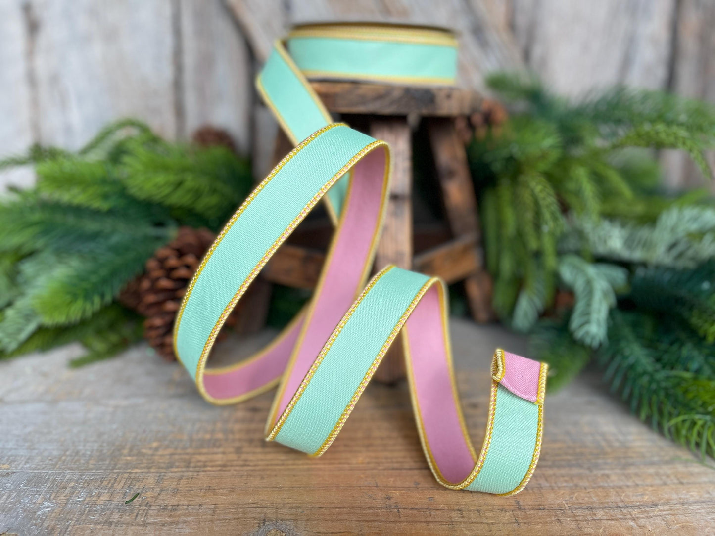 1" Green PInk Pastel Ribbon, Farrisilk Ribbon, Pretty Pastel Ribbon