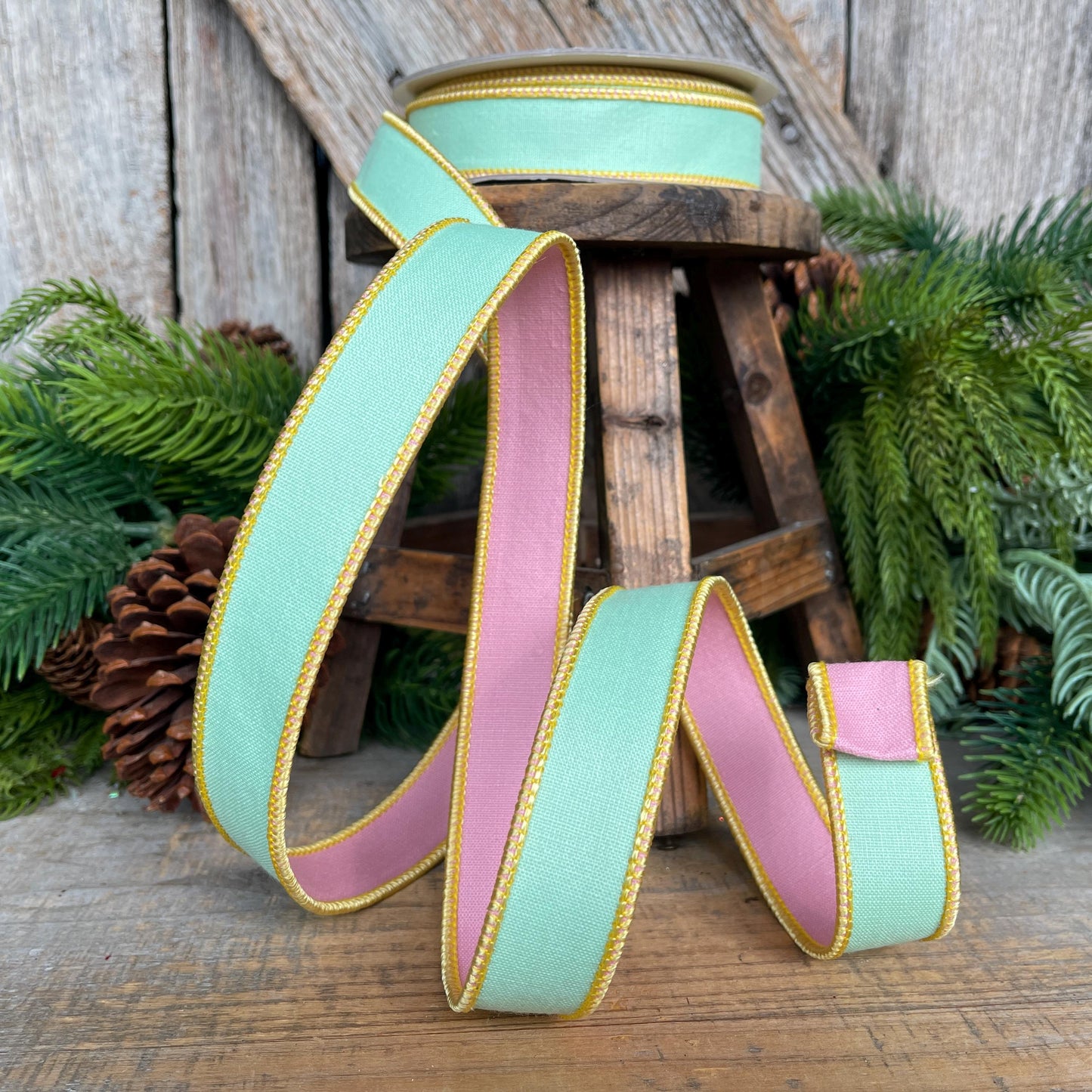 1" Green PInk Pastel Ribbon, Farrisilk Ribbon, Pretty Pastel Ribbon