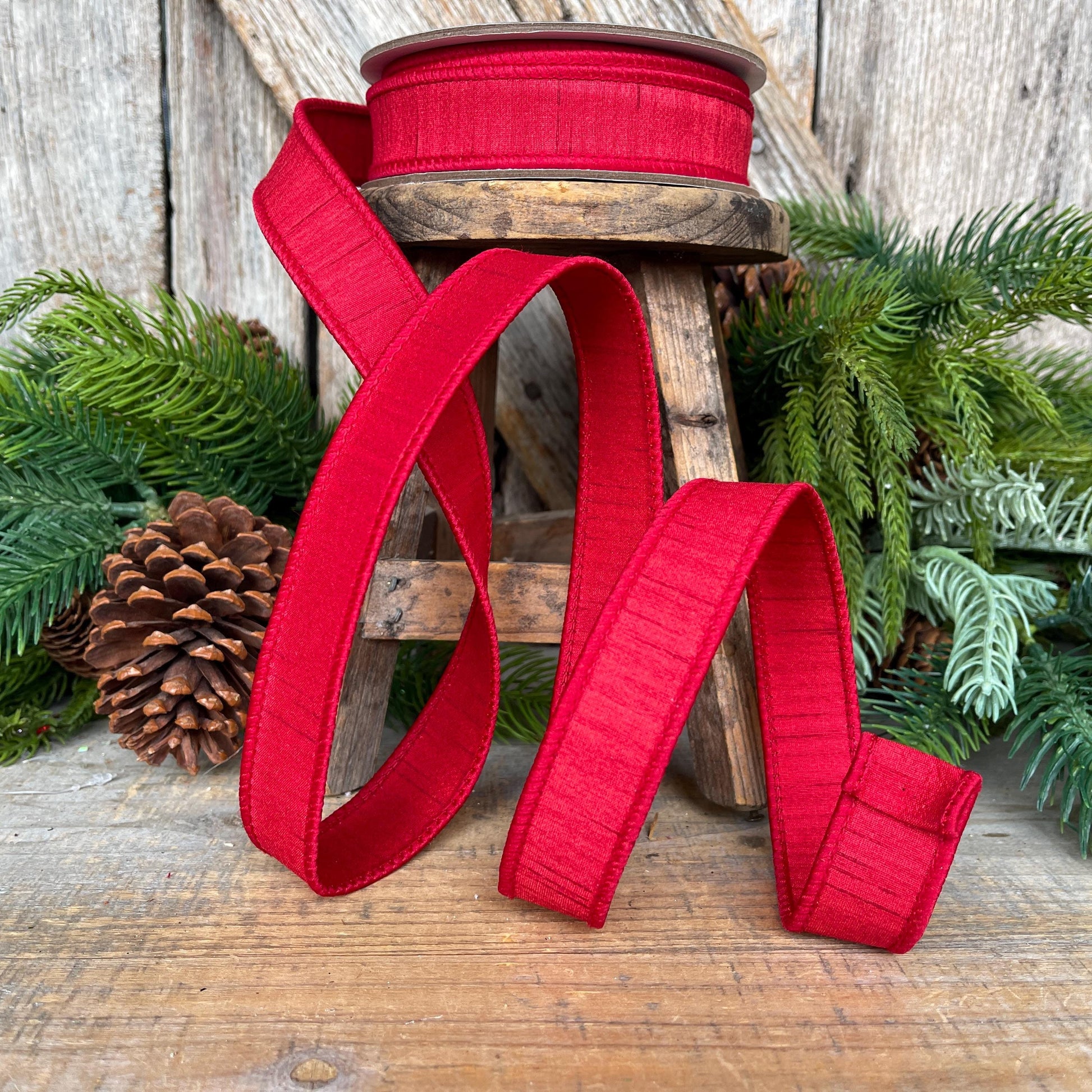 1” Red Dupion Ribbon, Farrisilk ribbon, Christmas Ribbon, Shimmering SIlk Ribbon