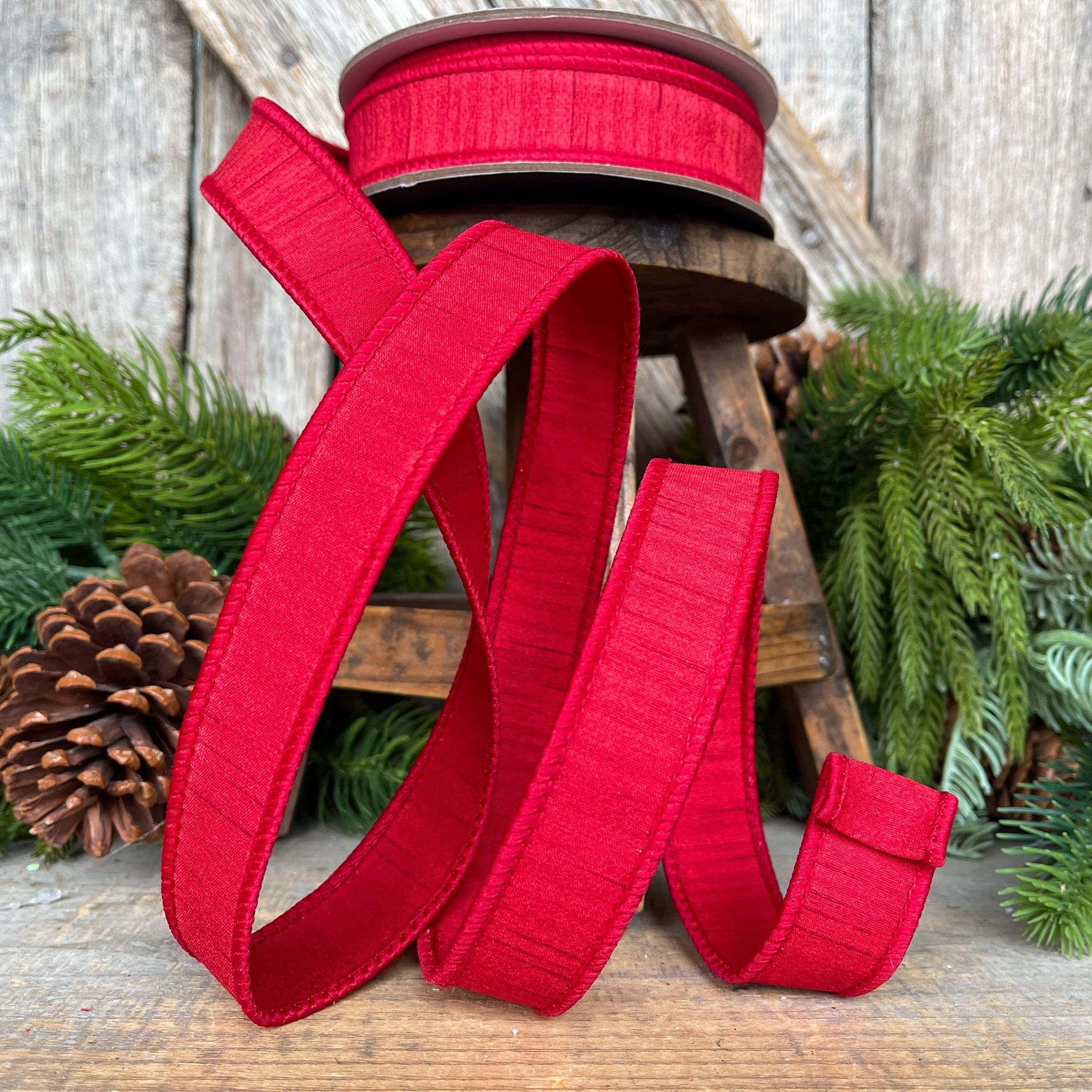 1” Red Dupion Ribbon, Farrisilk ribbon, Christmas Ribbon, Shimmering SIlk Ribbon