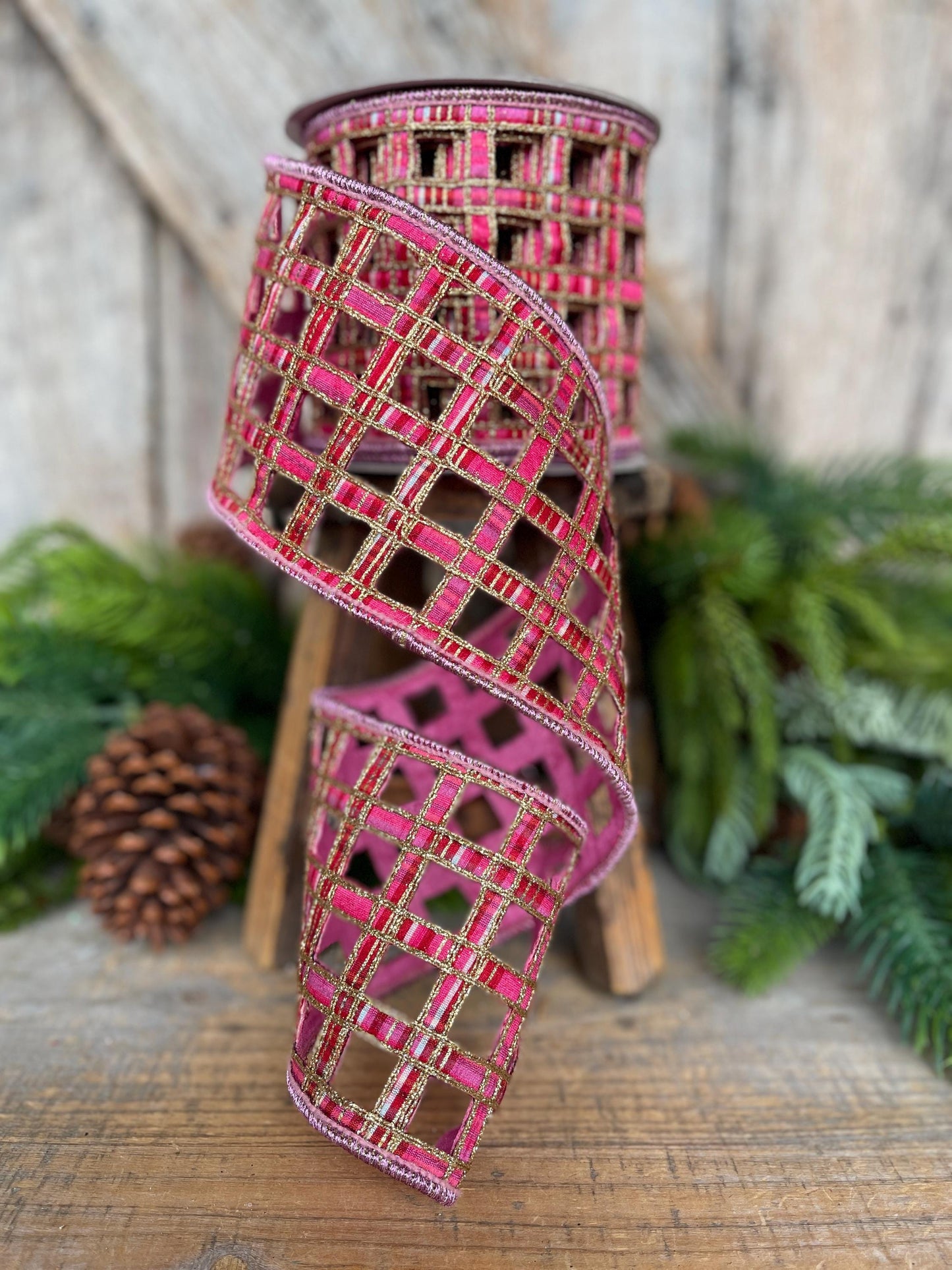4" Pink Plaid Ribbon, Farrisilk Ribbon, Window Plaid Ribbon, Christmas Plaid Ribbon, Gold Christmas Plaid, RK828-14