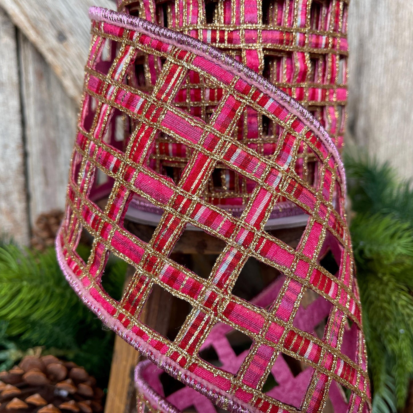 4" Pink Plaid Ribbon, Farrisilk Ribbon, Window Plaid Ribbon, Christmas Plaid Ribbon, Gold Christmas Plaid, RK828-14