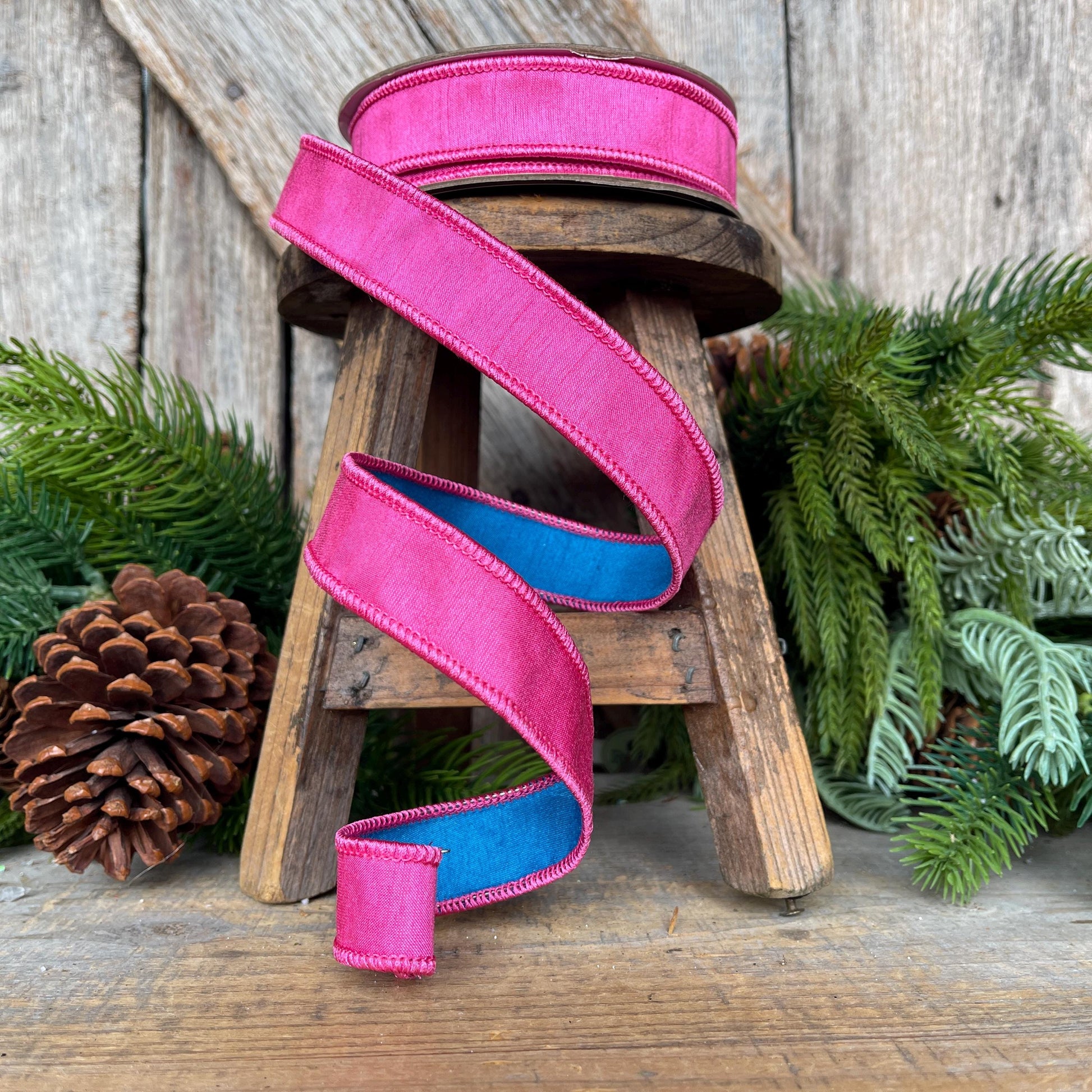 1" Pink & Blue Ribbon, Designer Ribbon, Hot Pink Ribbon, Christmas Ribbon