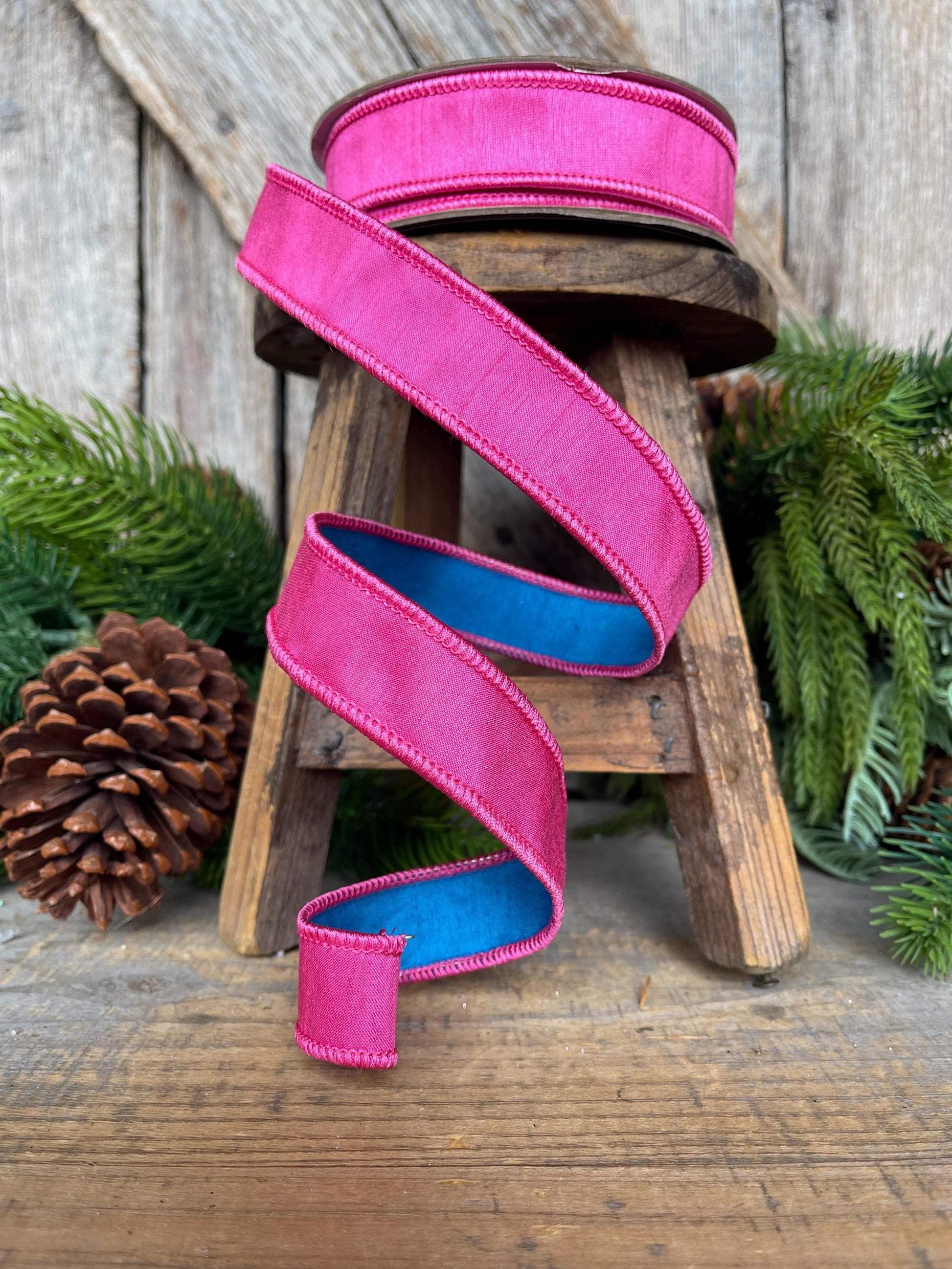 1" Pink & Blue Ribbon, Designer Ribbon, Hot Pink Ribbon, Christmas Ribbon