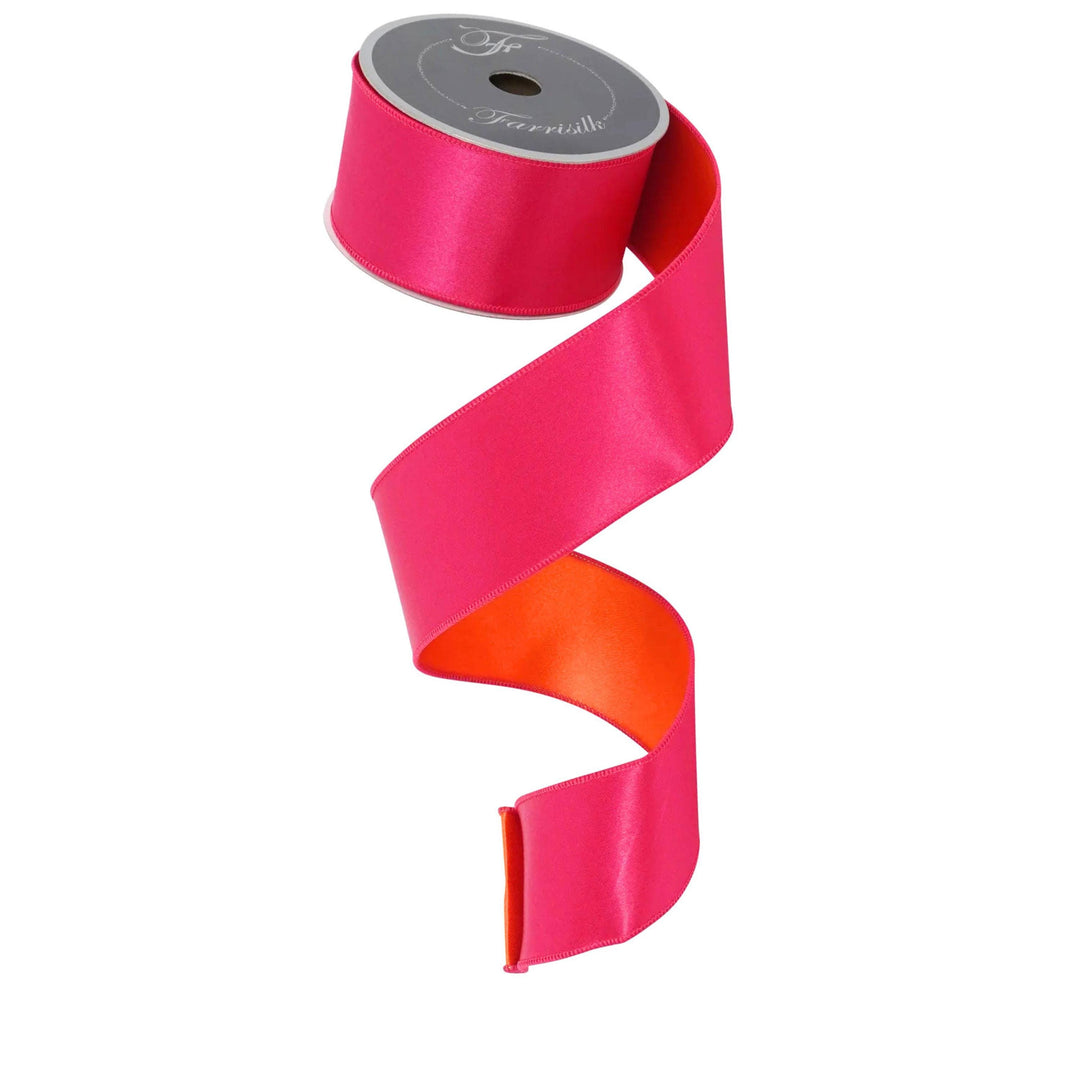 2.5" Pink Orange Satin Ribbon, Farrisilk Ribbon, Wired Ribbon