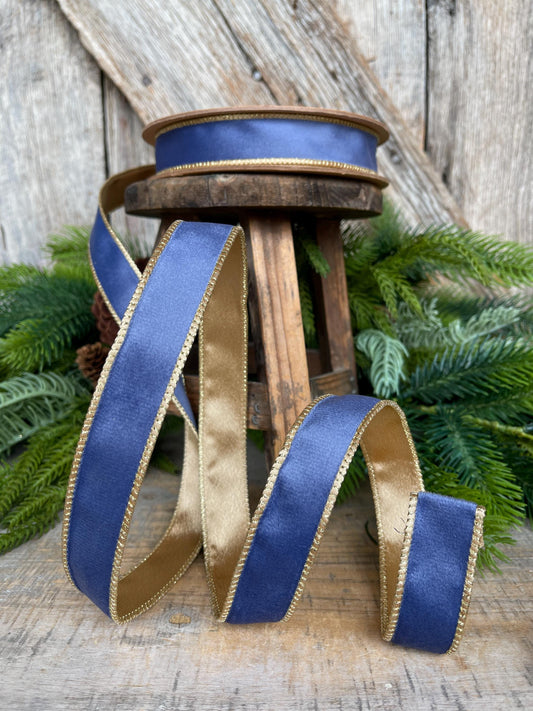 1" French Blue Velvet Ribbon, French Blue Velvet Ribbon, Wired Ribbon