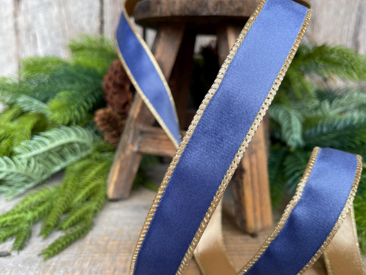 1" French Blue Velvet Ribbon, French Blue Velvet Ribbon, Wired Ribbon