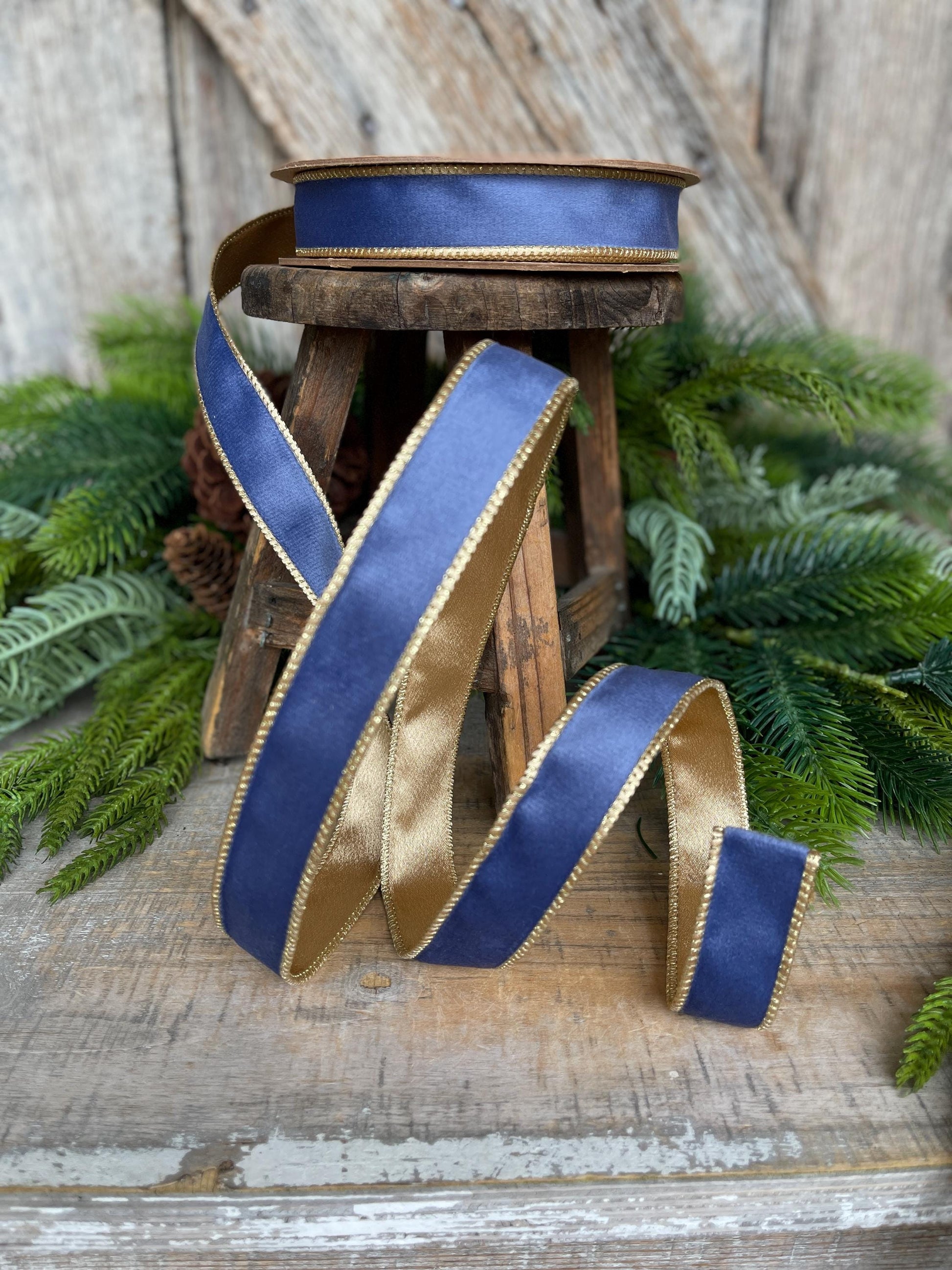 1" French Blue Velvet Ribbon, French Blue Velvet Ribbon, Wired Ribbon
