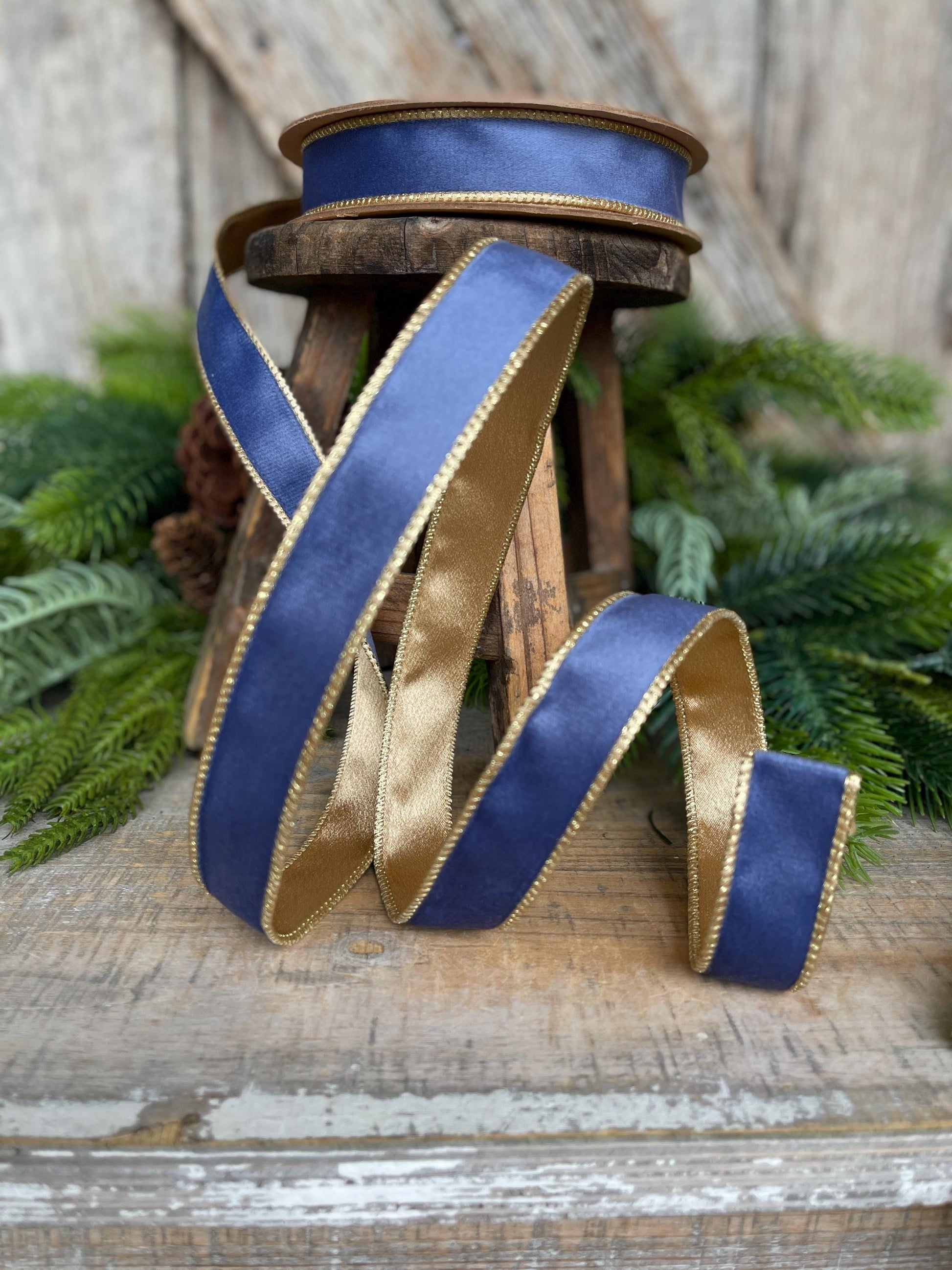 1" French Blue Velvet Ribbon, French Blue Velvet Ribbon, Wired Ribbon