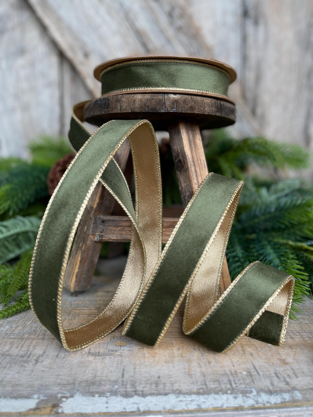 1" Forest Green Velvet Ribbon, Moss Green &amp; Gold Velvet Ribbon, Christmas RIbbon