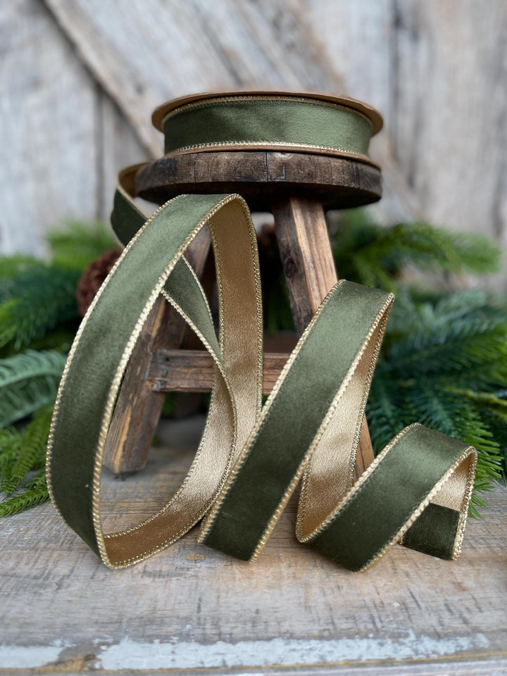 1" Forest Green Velvet Ribbon, Moss Green &amp; Gold Velvet Ribbon, Christmas RIbbon