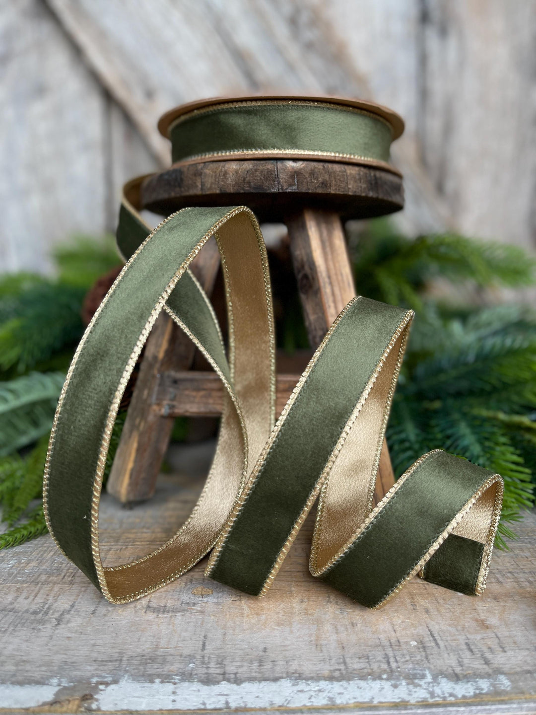 1" Forest Green Velvet Ribbon, Moss Green &amp; Gold Velvet Ribbon, Christmas RIbbon