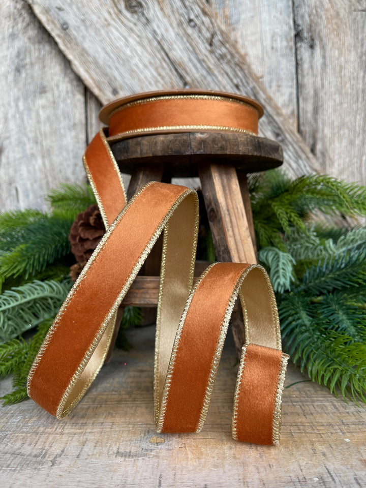 Copper Brown Velvet Wired Ribbon: 1" Fall Christmas Decor