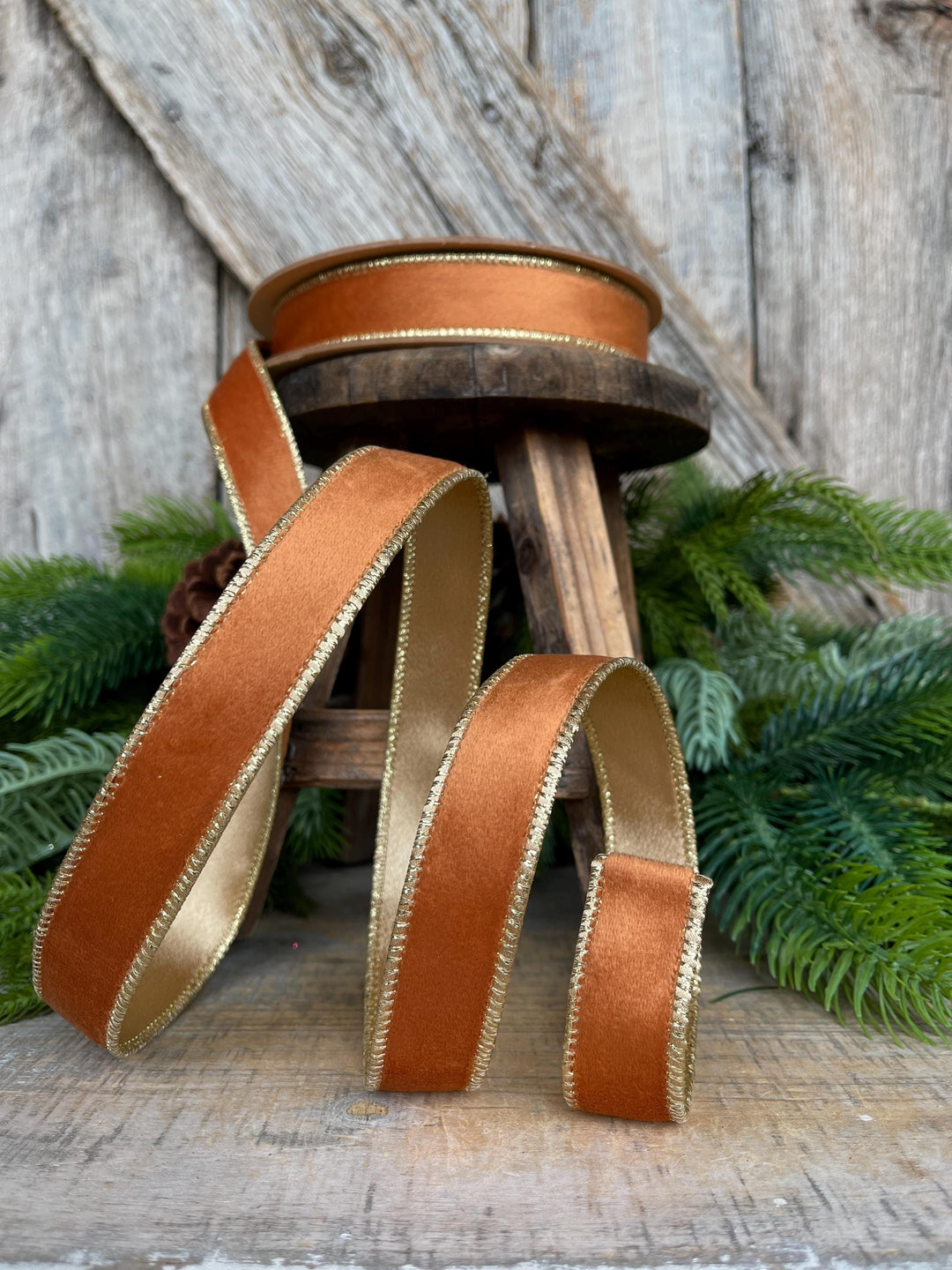 Copper Brown Velvet Wired Ribbon: 1" Fall Christmas Decor