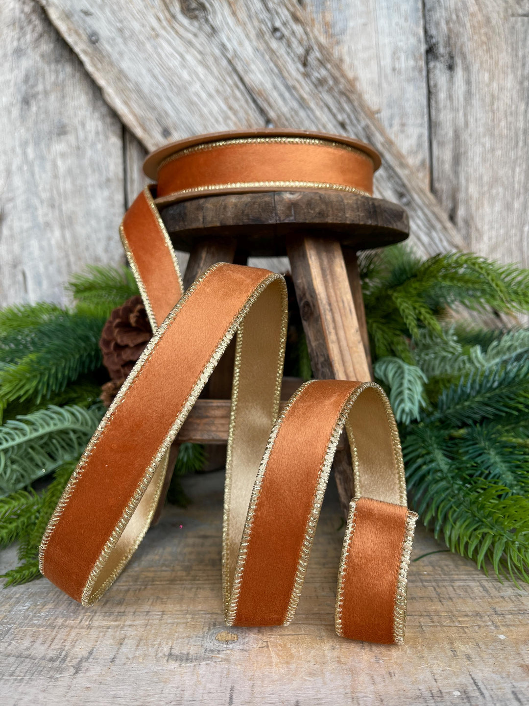 Copper Brown Velvet Wired Ribbon: 1" Fall Christmas Decor
