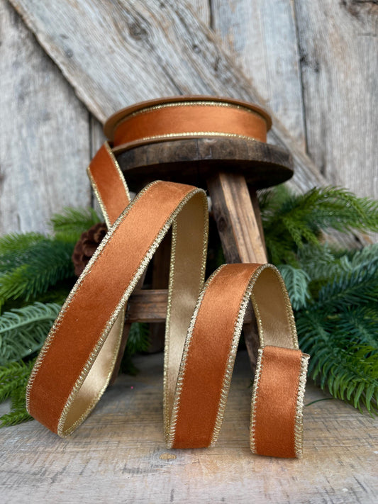 1” Copper Brown Velvet Ribbon, Fall ribbon, Christmas ribbon