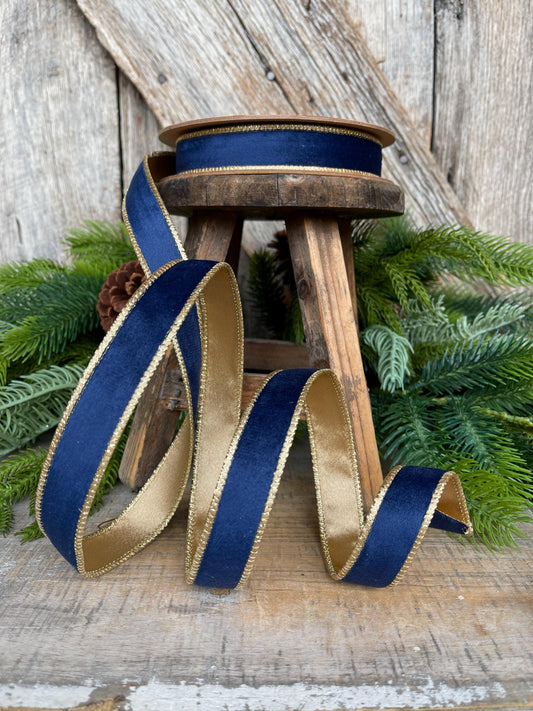 1" Navy Blue Velvet Ribbon, Navy Velvet Ribbon, Wired Ribbon