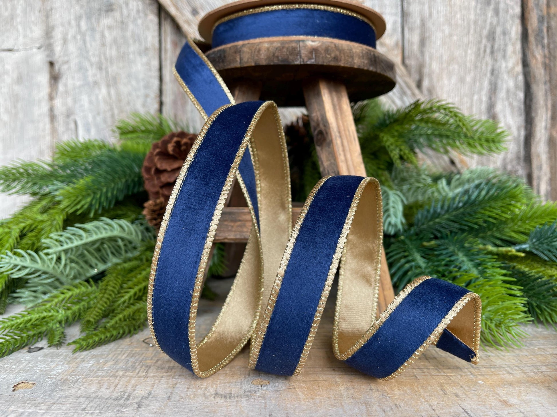 1" Navy Blue Velvet Ribbon, Navy Velvet Ribbon, Wired Ribbon