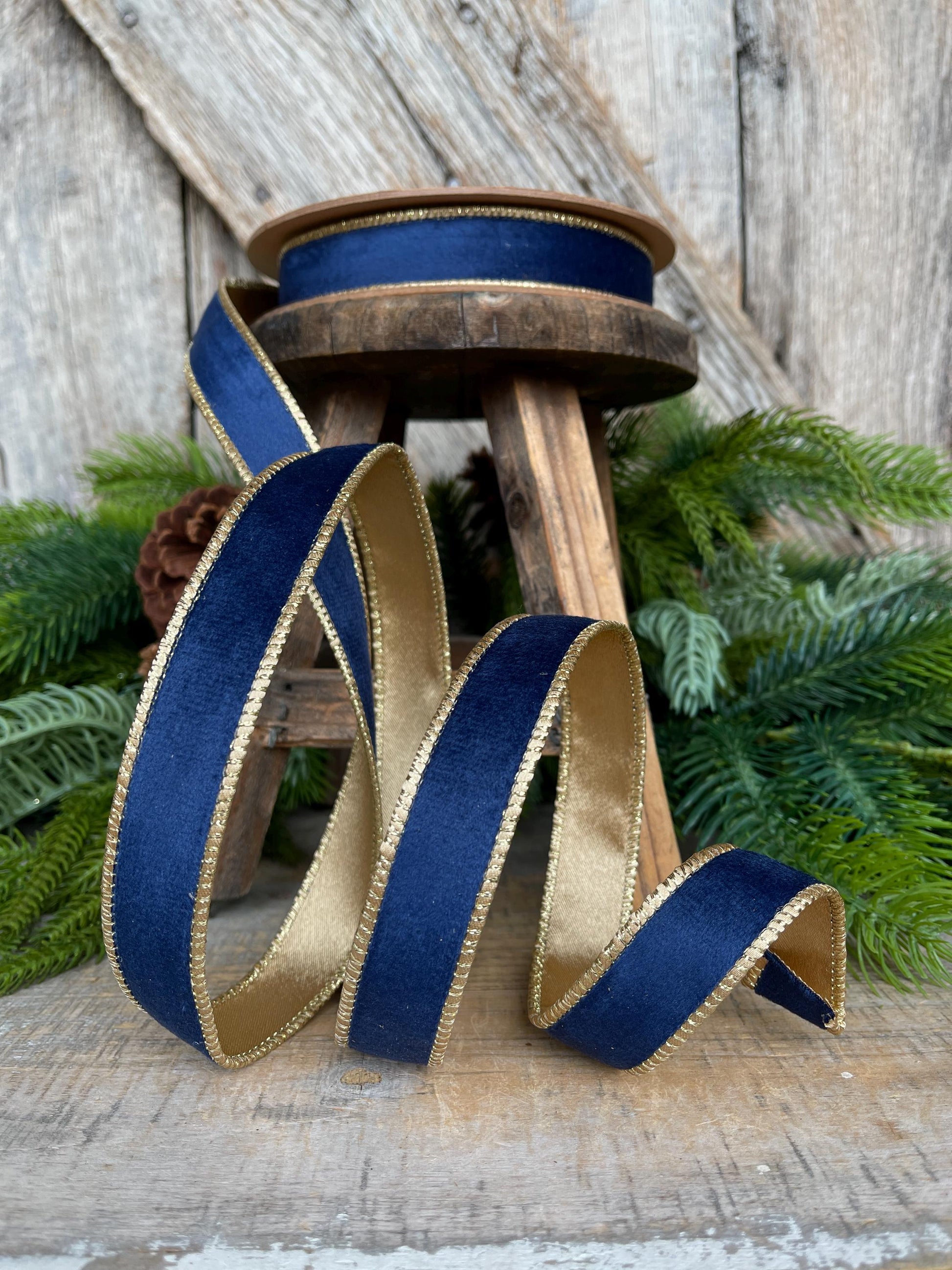 1" Navy Blue Velvet Ribbon, Navy Velvet Ribbon, Wired Ribbon