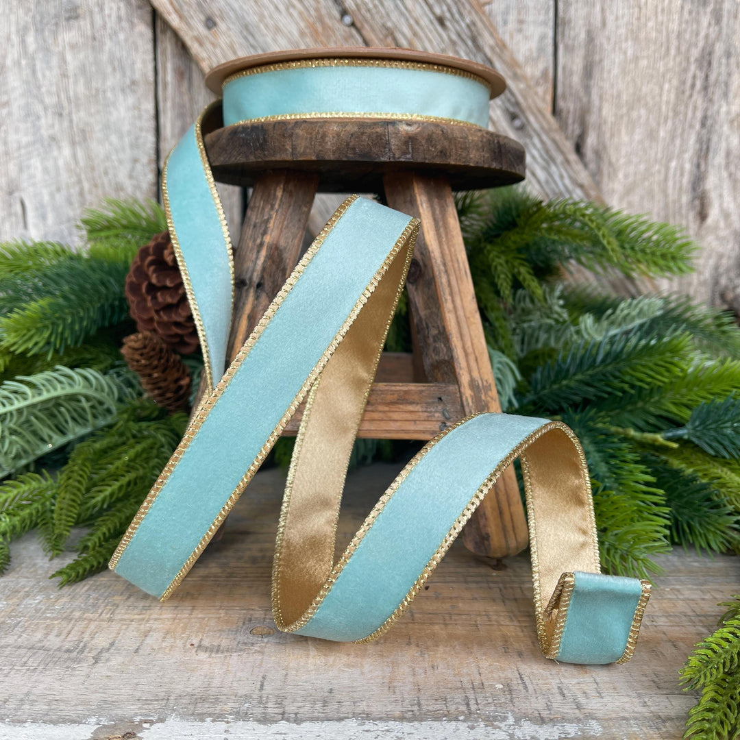 Aqua Blue Teal Velvet Wired Ribbon: Gold Backing, 1 inch, 10 Yards