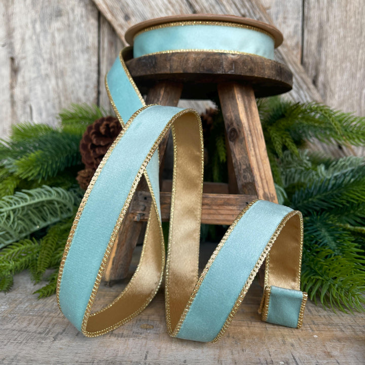 Aqua Blue Teal Velvet Wired Ribbon: Gold Backing, 1 inch, 10 Yards