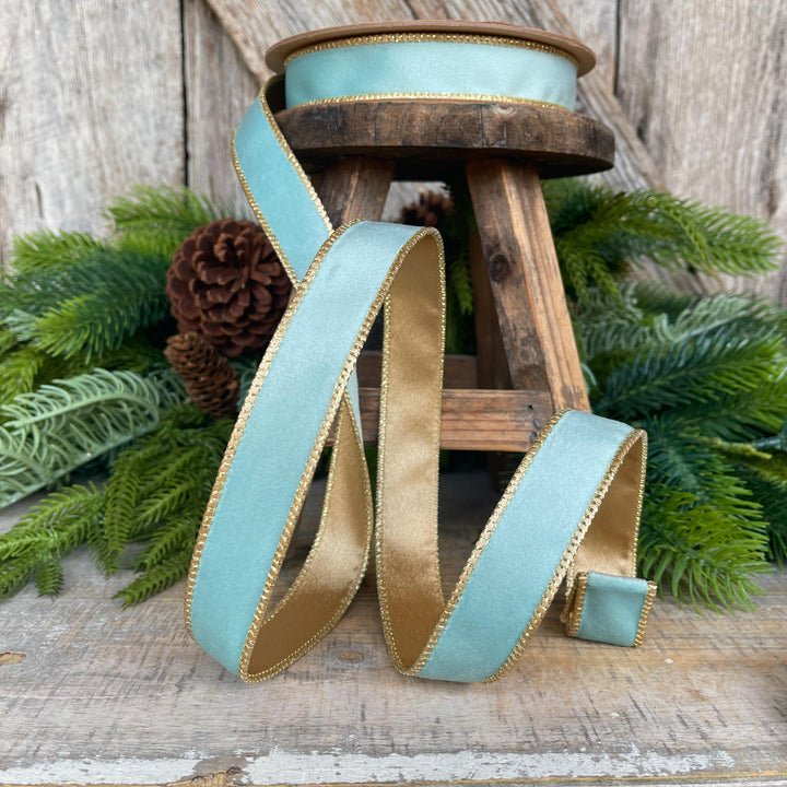 Aqua Blue Teal Velvet Wired Ribbon: Gold Backing, 1 inch, 10 Yards
