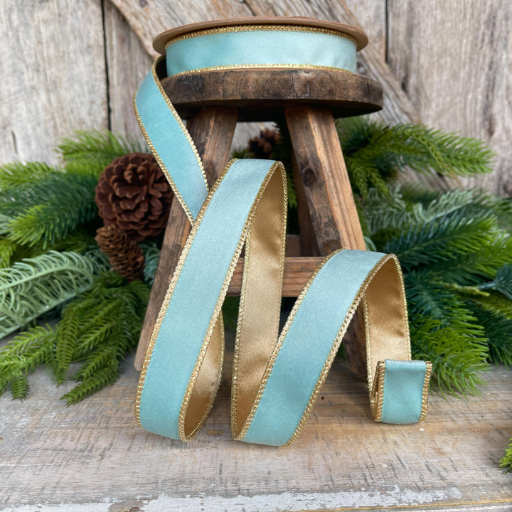 Aqua Blue Teal Velvet Wired Ribbon: Gold Backing, 1 inch, 10 Yards