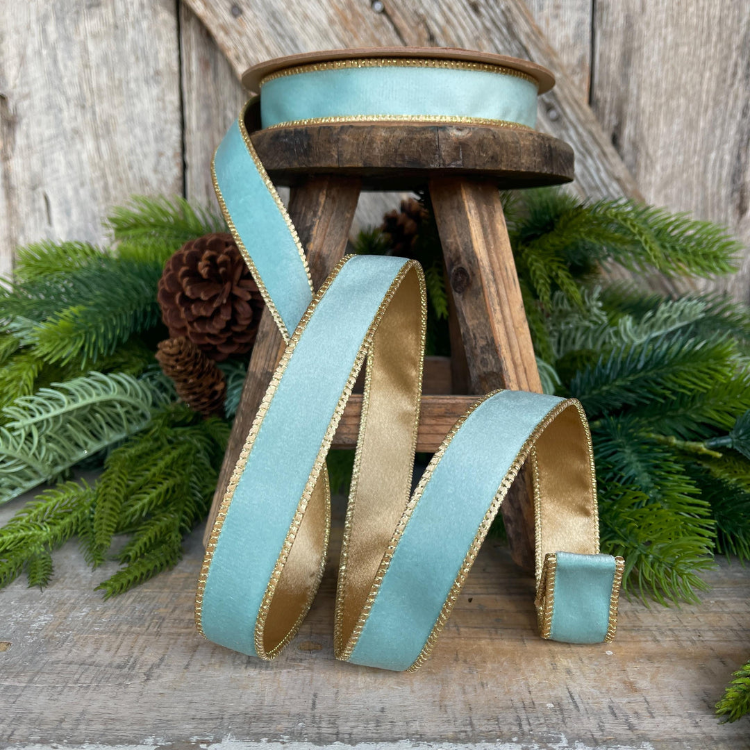 Aqua Blue Teal Velvet Wired Ribbon: Gold Backing, 1 inch, 10 Yards