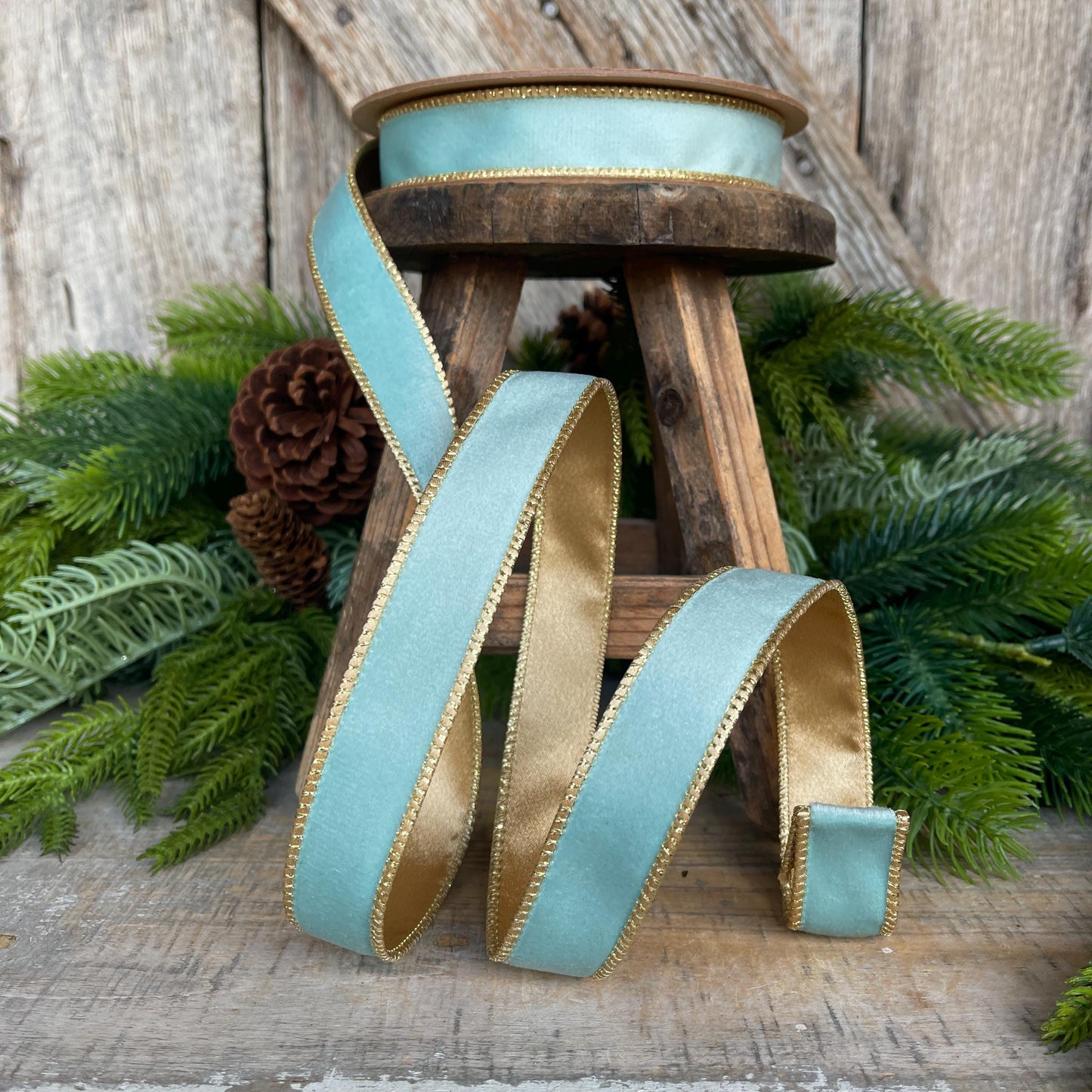 1" Aqua Blue Velvet Ribbon, Aqua Velvet Ribbon, Wired Ribbon