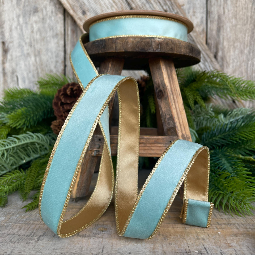 Aqua Blue Teal Velvet Wired Ribbon: Gold Backing, 1 inch, 10 Yards