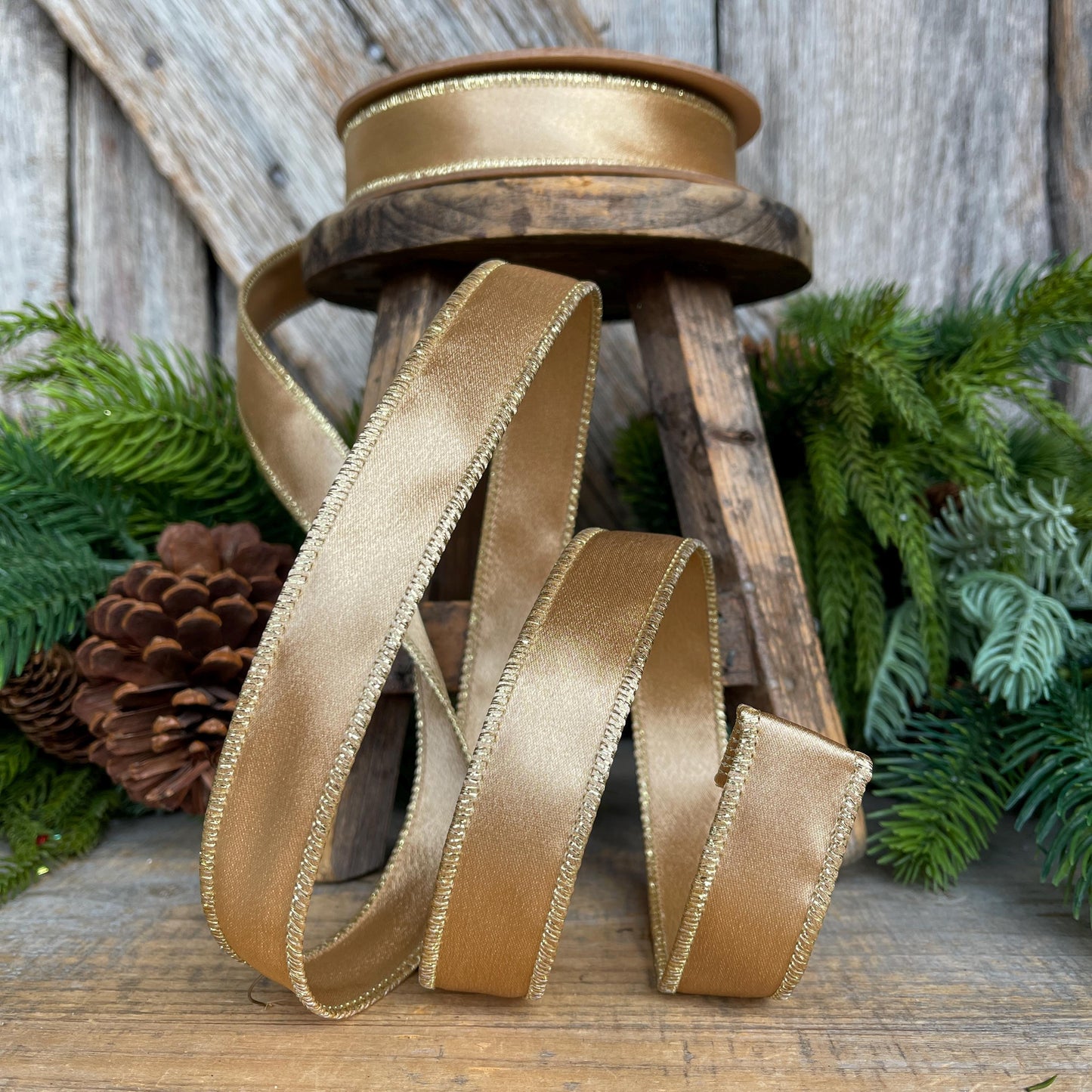 Gold Shimmer Satin Wired Ribbon - Gold Christmas Ribbon, 1" x 10yds