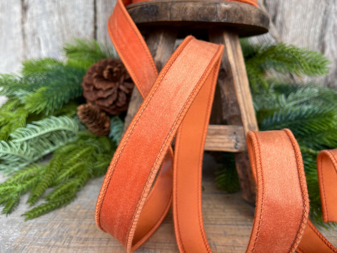 Wired Orange Velvet Ribbon: Fall Halloween Christmas Decor, 1" x 10 Yards
